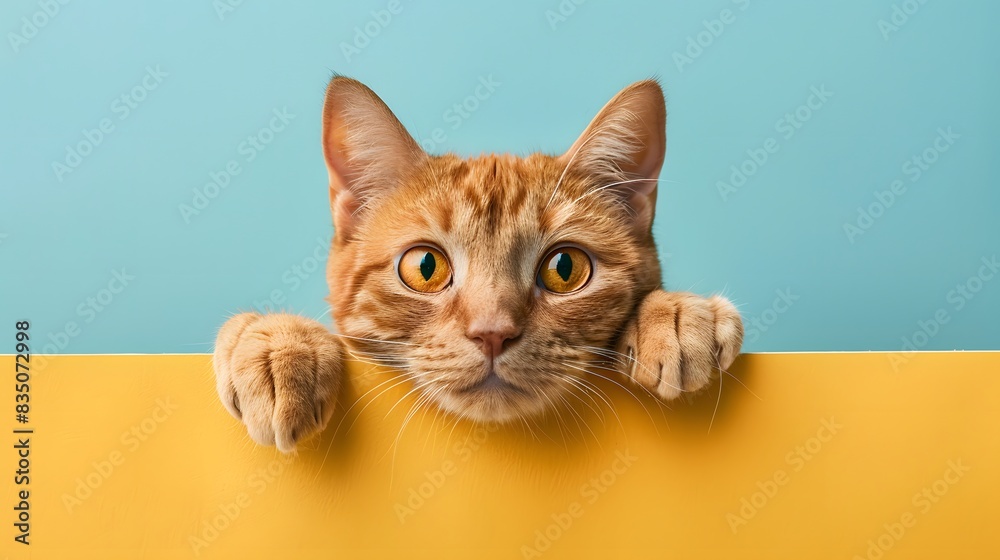 orange cat peeking over yellow banner with copy space, light blue background. orange cat peeking over yellow banner with copy space, light blue background.