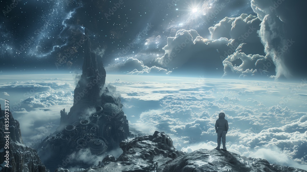A lone astronaut stands on a rocky precipice, gazing at a breathtaking ...