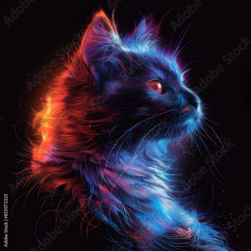 The cat appears ethereal, as if it embodies the essence of space. The dark background enhances the luminosity of its fur.