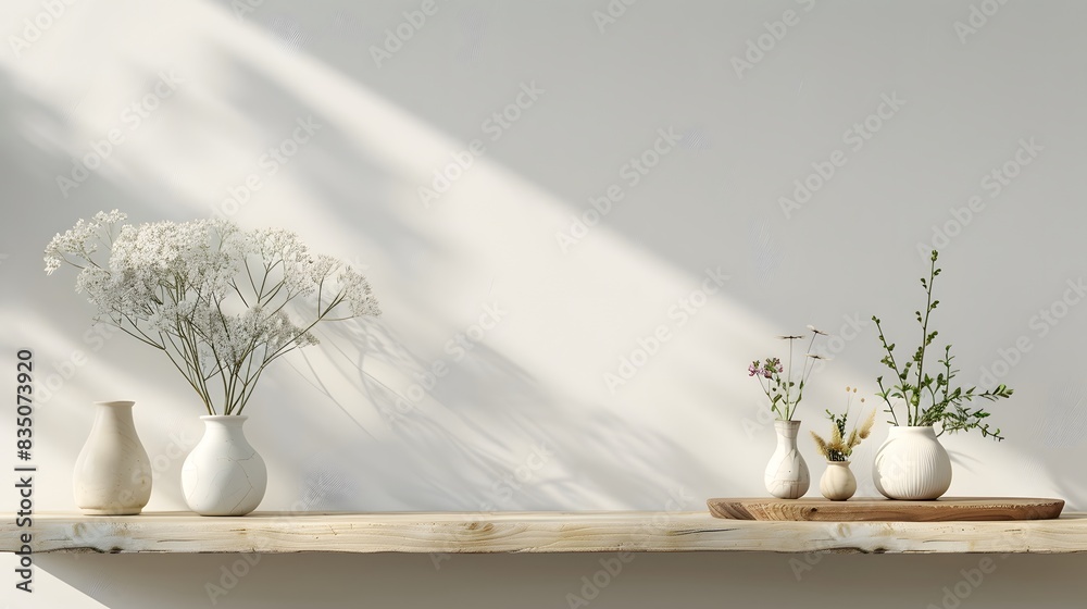 A white wall with an empty table top for product display, on the right side is a wooden board holding small vases and flowers. A white wall with an empty table top for product display, on the right side is a wooden board holding small vases and flowers.