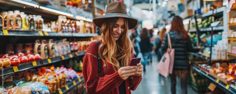 Fototapeta premium A woman is looking at her phone in a bakery. She is surrounded by various pastries and cakes