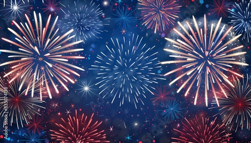 Fireworks in the night sky with 4th of jully celebration colors