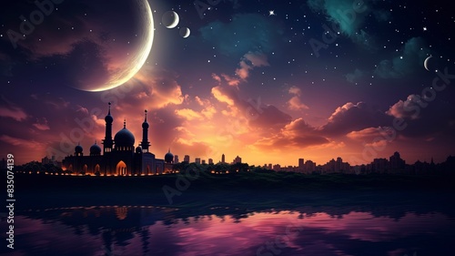 Ramadan dusk picture. Beautiful religious background with crescent, stars and glowing clouds, copy space, generative ai