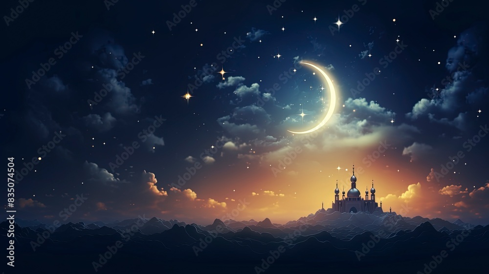 Ramadan dusk picture. Beautiful religious background with crescent, stars and glowing clouds, copy space, generative ai Ramadan dusk picture. Beautiful religious background with crescent, stars and glowing clouds, copy space, generative ai