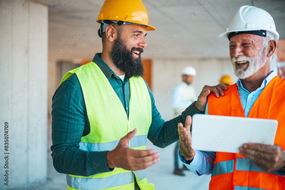 A diverse duo, a construction worker in a yellow helmet and a site manager wearing a white helmet, review plans on a tablet at a construction site, engaged in a cheerful conversation. A diverse duo, a construction worker in a yellow helmet and a site manager wearing a white helmet, review plans on a tablet at a construction site, engaged in a cheerful conversation.