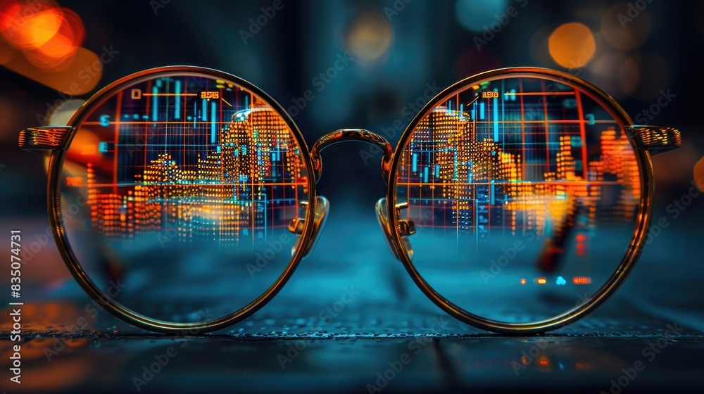 Golden Eyeglasses Reflecting Stock Chart: Depicting the Vision for Financial Opportunities Golden Eyeglasses Reflecting Stock Chart: Depicting the Vision for Financial Opportunities