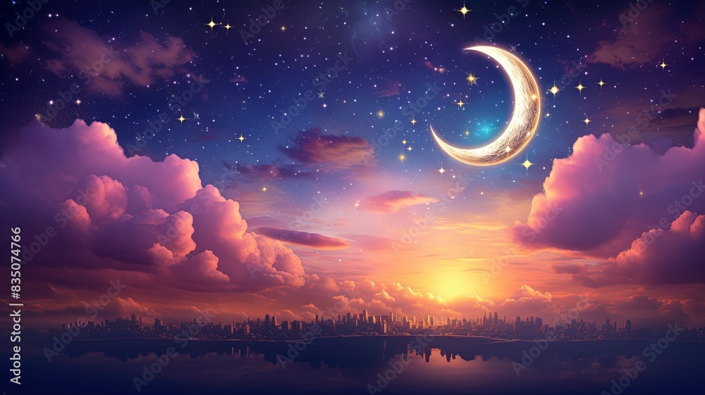 Ramadan dusk picture. Beautiful religious background with crescent, stars and glowing clouds, copy space, generative ai Ramadan dusk picture. Beautiful religious background with crescent, stars and glowing clouds, copy space, generative ai