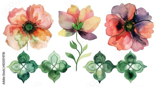 Set of watercolor abstract flowers with a green quatrefoil design photo