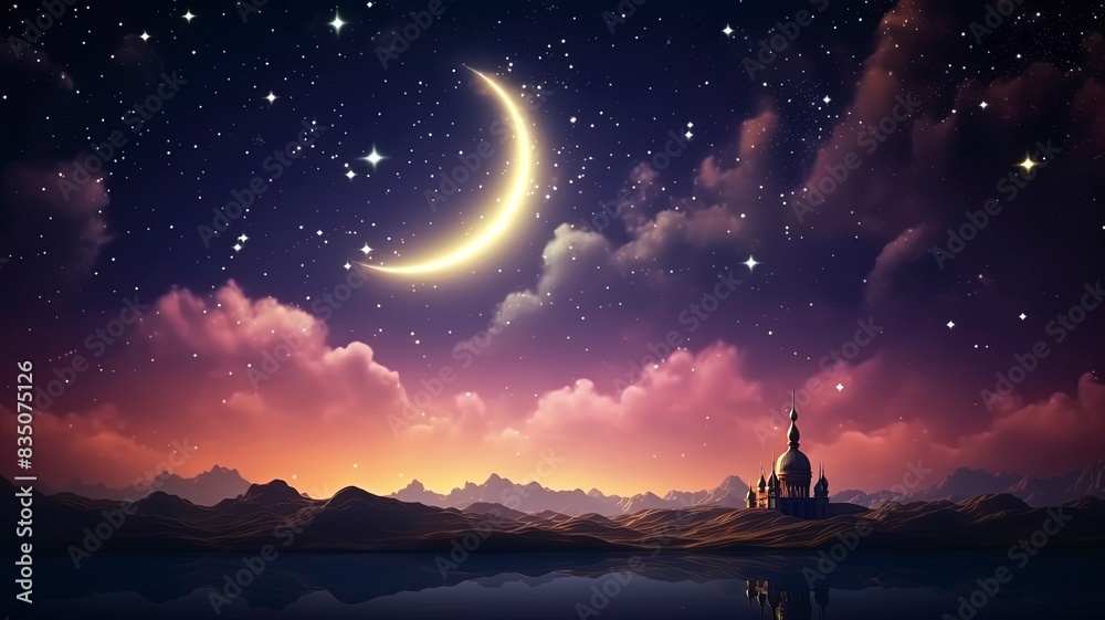 Ramadan dusk picture. Beautiful religious background with crescent, stars and glowing clouds, copy space, generative ai Ramadan dusk picture. Beautiful religious background with crescent, stars and glowing clouds, copy space, generative ai