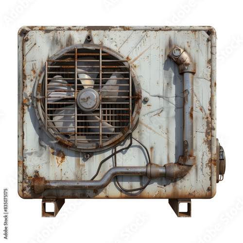 Rusty air conditioning unit with exposed fan pipes on a dirty white metal surface Game Art concept on transparent background
