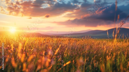 Golden Hour Wildflowers: A Summer Meadow Landscape with Warm Sunset Light, 4K HD Wallpaper，Beautiful natural panoramic rural landscape. Wild tall grass blooming in nature on warm summer day at sunset. © Da