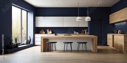 Interior home of modern kitchen on dark blue wall, hardwood floor