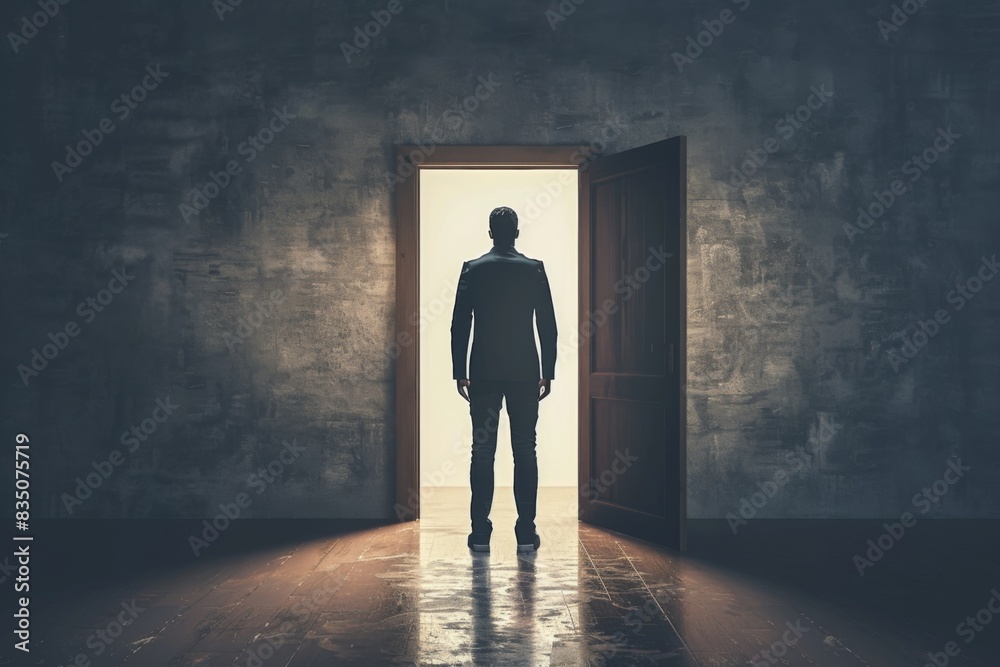Young person standing in front of door decision making deciding entering light welcome guest concept real estate career path choosing study choice possibility opportunities mortgage opening new life Young person standing in front of door decision making deciding entering light welcome guest concept real estate career path choosing study choice possibility opportunities mortgage opening new life
