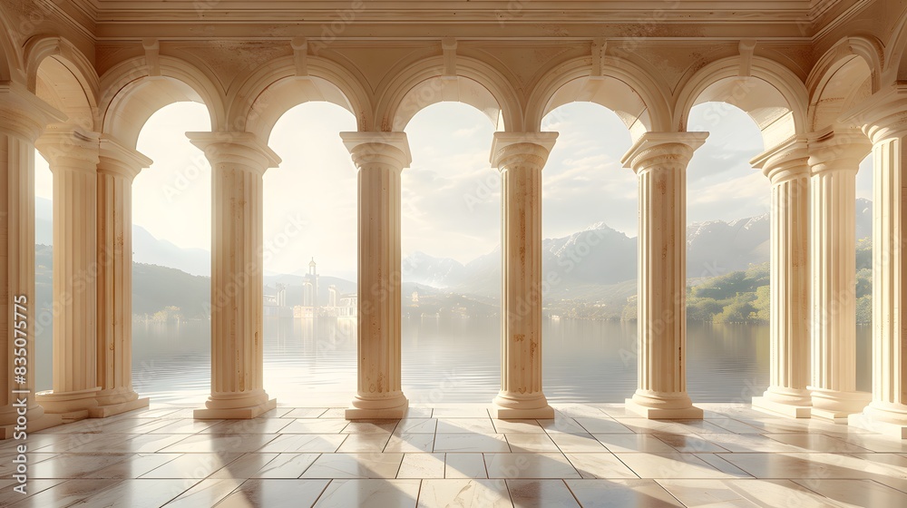 Fototapeta premium Simplicity, beauty, a beige background, classical architecture style with large arches and columns, a stone floor, large windows with a view of a natural landscape.
