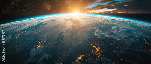 A view of the Earth from space with a bright sun in the background