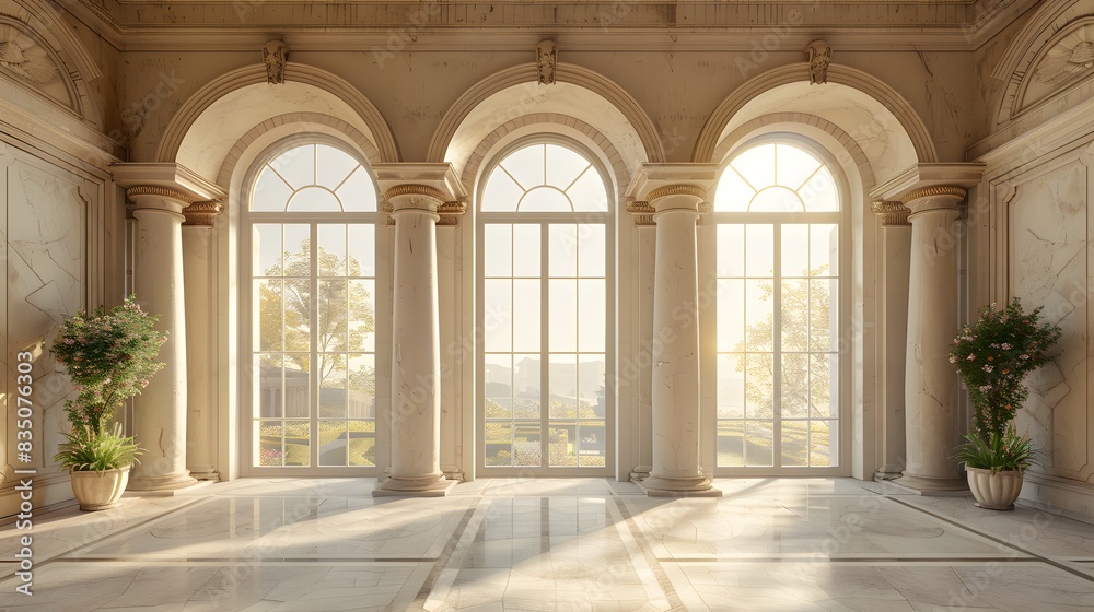 Simplicity, beauty, a beige background, classical architecture style with large arches and columns, a stone floor, large windows with a view of a natural landscape. Simplicity, beauty, a beige background, classical architecture style with large arches and columns, a stone floor, large windows with a view of a natural landscape.