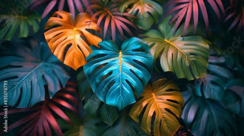 Bright neon light  tropical leaves  manstera leaves  palm leaves  dark green tropical leaves.