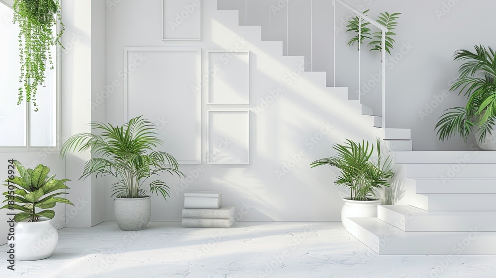 Minimal copy space design with picture frames, plants, white wall and white stairs 3D rendering, 3D illustration Minimal copy space design with picture frames, plants, white wall and white stairs 3D rendering, 3D illustration