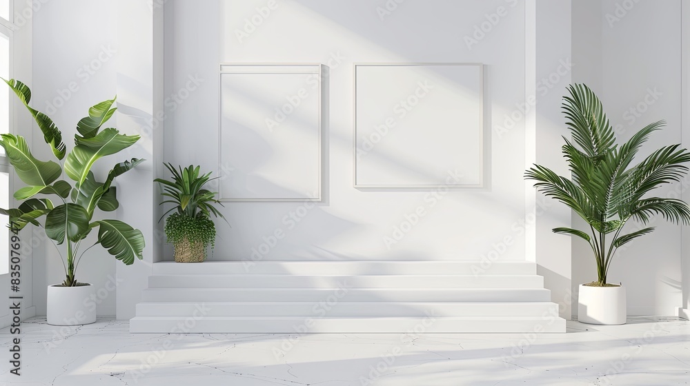 Minimal copy space design with picture frames, plants, white wall and white stairs 3D rendering, 3D illustration Minimal copy space design with picture frames, plants, white wall and white stairs 3D rendering, 3D illustration