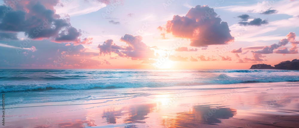 Vibrant watercolor sunset illuminates the calm beach, with soft hues blending into the horizon.