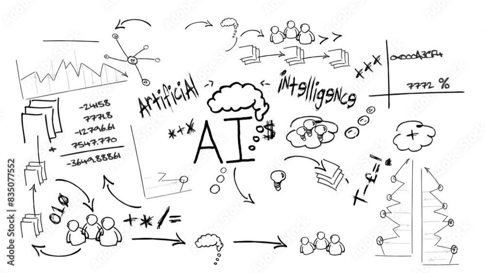AI Artificial Intelligence black and with sketch drawing pen brain calculation outline chart generative robot animation