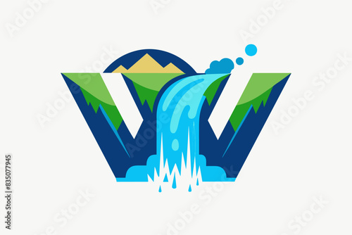 a waterfall with a mountain in the background, watery logo with a cascading waterfall forming the letter W