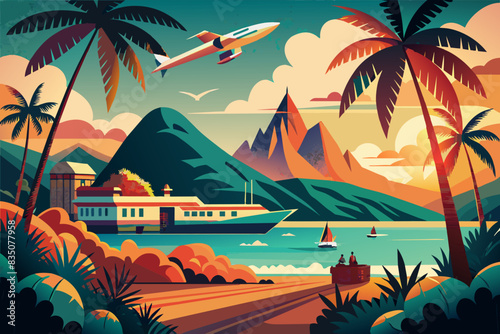 a poster of a cruise ship in the ocean, Vintage travel poster design promoting a tropical island getaway