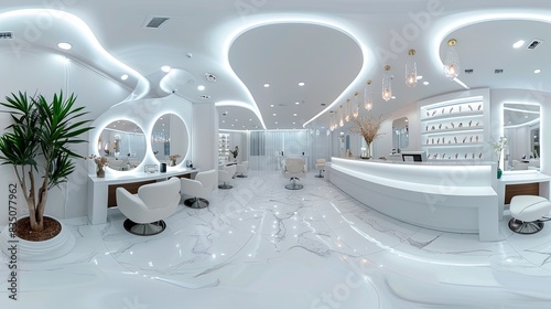 Nail salon bright interior, panorama of modern manicure shop. Inside beauty studio, spa room with white design. Clean empty trendy nail salon. Cosmetic service and store theme. Moscow - Feb photo