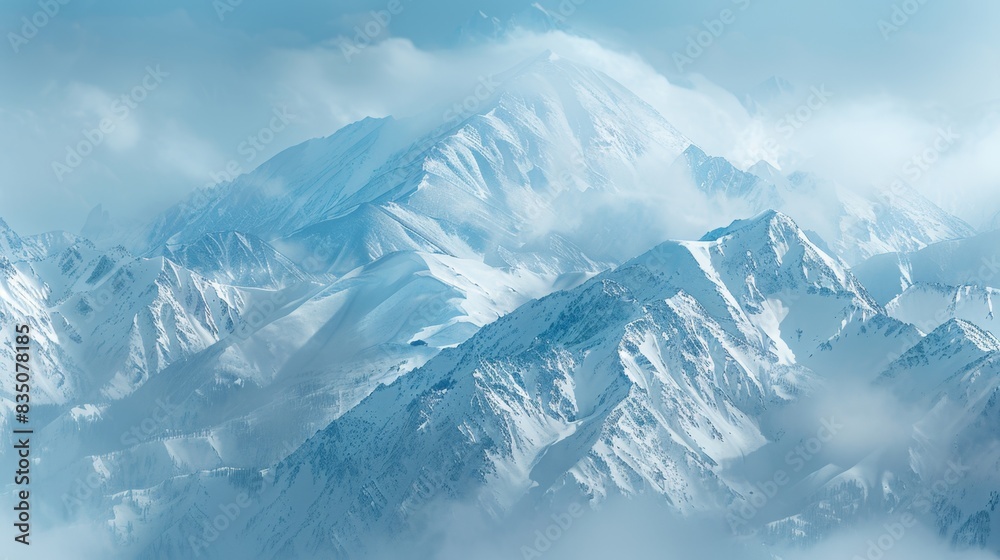 Obraz premium Snow-covered mountains with misty peaks, capturing the serene beauty of winter landscapes and the majestic calmness of high altitudes.