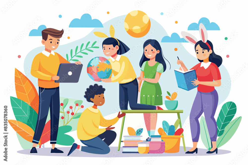 a group of people are watering flowers, Students working on a group project to create an Easter-themed mural a group of people are watering flowers, Students working on a group project to create an Easter-themed mural