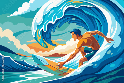 a man riding a wave on top of a surfboard, Surfer catching a barrel wave