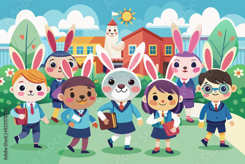 a group of children dressed in bunny suits, Students wearing bunny masks for a school parade
