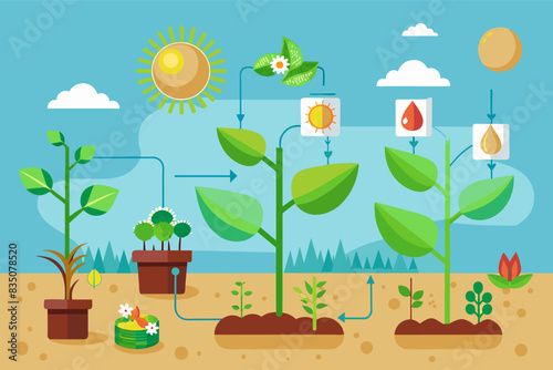 a plant life cycle with plants growing in pots, Step-by-step vector guide illustrating the process of photosynthesis