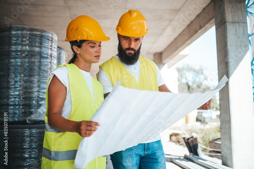 A male and female worker, both in safety gear, scrutinize a blueprint at a construction site, discussing project details with focus and professionalism.