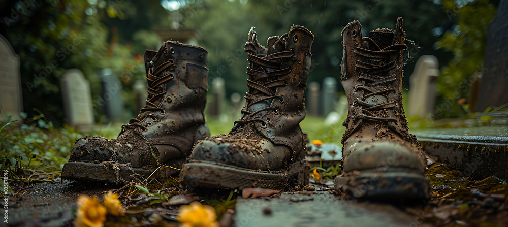 Memorial Day tribute with military boots and rifles placed next to ...