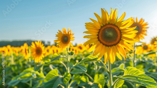 A picturesque view of a sunflower field at midday  with bright yellow flowers stretching towards a clear blue sky.