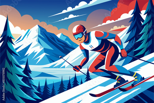 a skier is going down a snowy mountain, Skier racing down a mountain