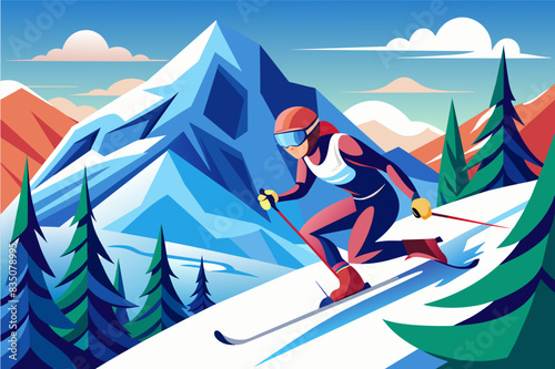 a skier is going down a snowy mountain, Skier racing down a mountain