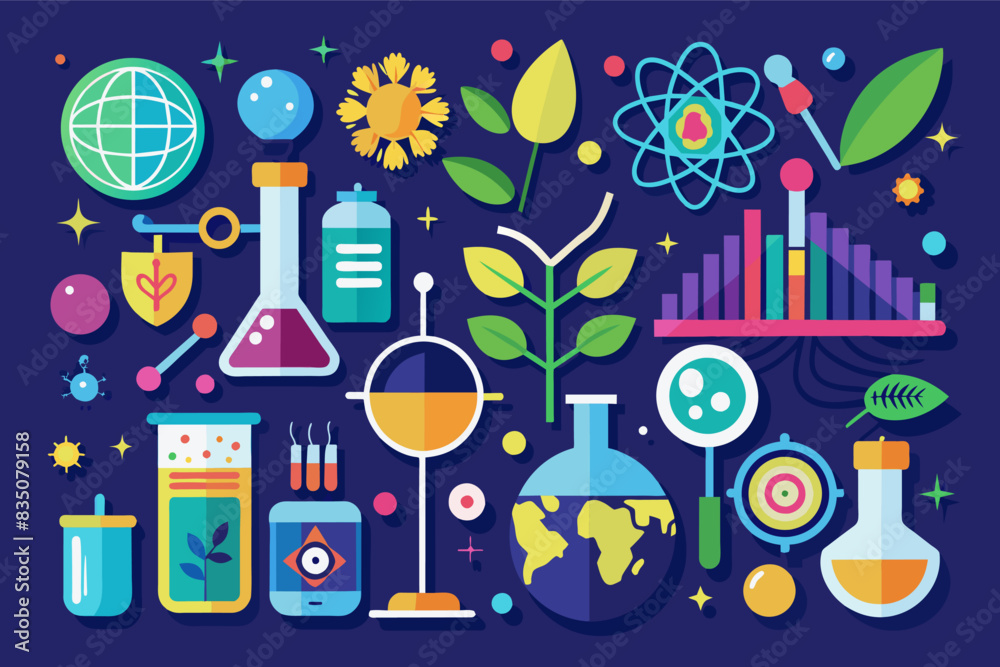 a science themed poster with various science related items, Set of flat design avatars representing different professions and ethnicities a science themed poster with various science related items, Set of flat design avatars representing different professions and ethnicities