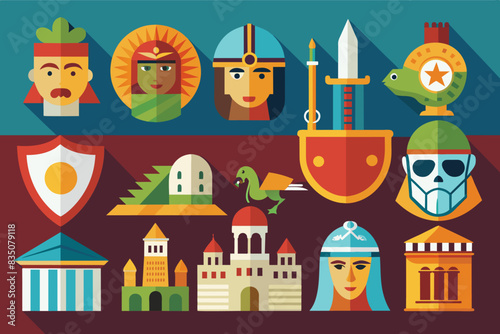 Colorful, stylized historical icons, Set of flat design avatars representing different professions and ethnicities