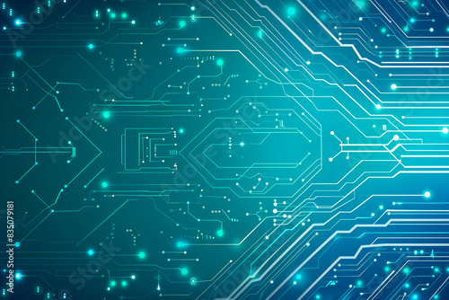 banner with digital technology background, blue color and white lines resemble circuit boards and digital data transfer.