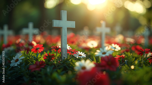 Memorial Day tribute with a row of white crosses in a military cemetery adorned with American flags and flowers HDR Imaging and AI Autofocus capture the solemn atmosphere and sharp details