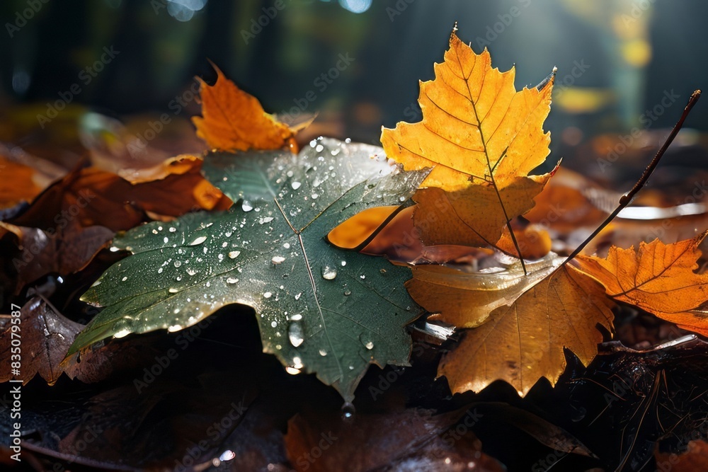 Autumn leaves covered in dew, adding a touch of magic to the forest floor.