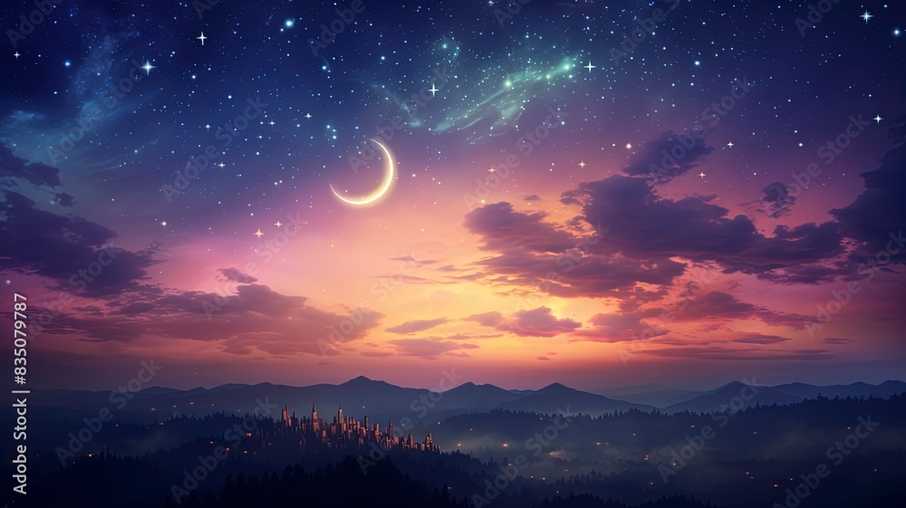 Fototapeta premium Ramadan dusk picture. Beautiful religious background with crescent, stars and glowing clouds, copy space, generative ai
