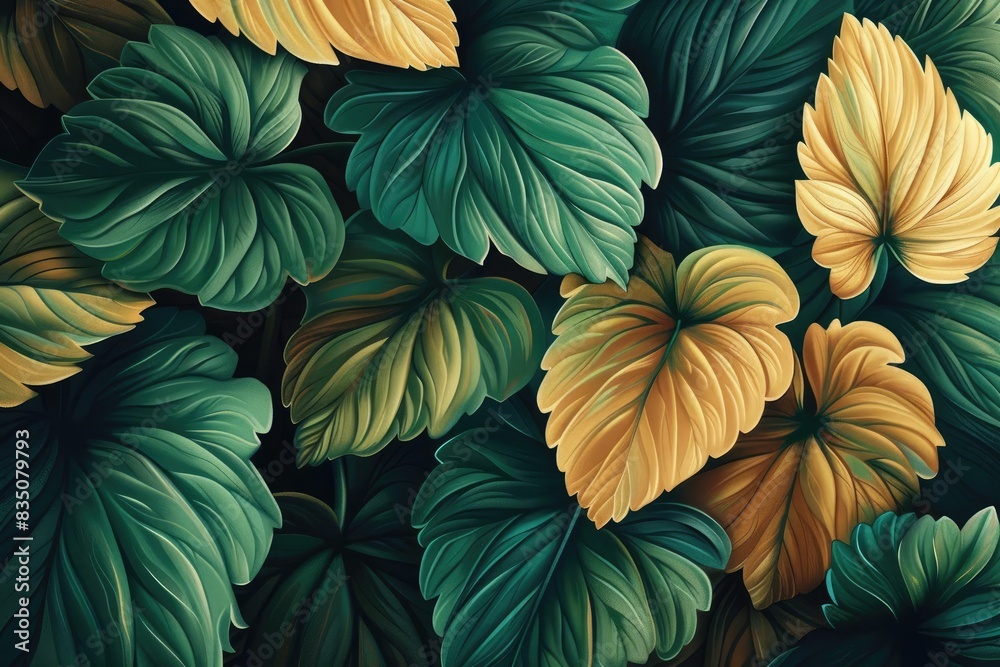 Vibrant illustration of colorful green and yellow leaves overlapping with intense detail and artistic shading. Vibrant illustration of colorful green and yellow leaves overlapping with intense detail and artistic shading.