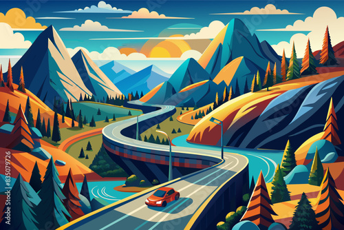 a car driving down a winding road in the mountains, Picture yourselves embarking on a scenic road trip adventure, with winding mountain roads and hidden gems waiting to be discovered along the way