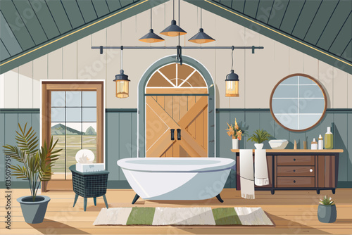 a bathroom with a bathtub and a sink, Modern farmhouse bathroom with a freestanding bathtub, shiplap walls, and barn door cabinets