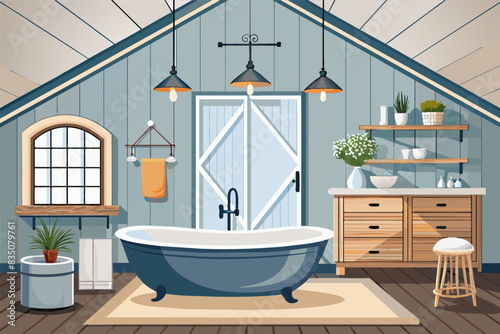 a bathroom with a bathtub and a sink, Modern farmhouse bathroom with a freestanding bathtub, shiplap walls, and barn door cabinets