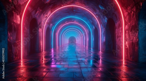 Neon corridor in the Sci-Fi series. Glowy neon lights illuminate the tunnel. Reflections on the walls and floors  rays and spotlights.