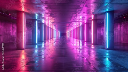 A concrete room filled with glowing neon purple pink blue lights.